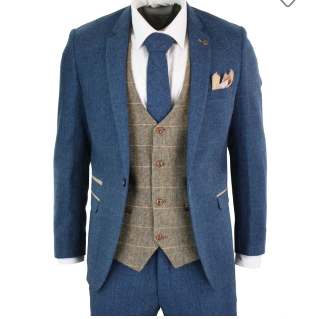Men's Blue And Tan Suit Set (With Blue Vest As Pictured)